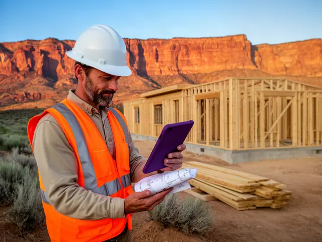 Builder in a white hard hat and orange vest checking a purple tablet and rolled plans by house framing