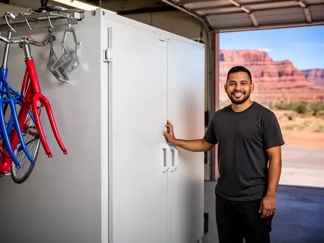 Smiling man in a dark t-shirt resting his hand on a large white powder-coating oven in a metal shop