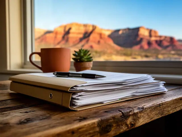 A stack of documents in a kraft binder with a pen, terracotta mug and succulent before red-rock cliffs.