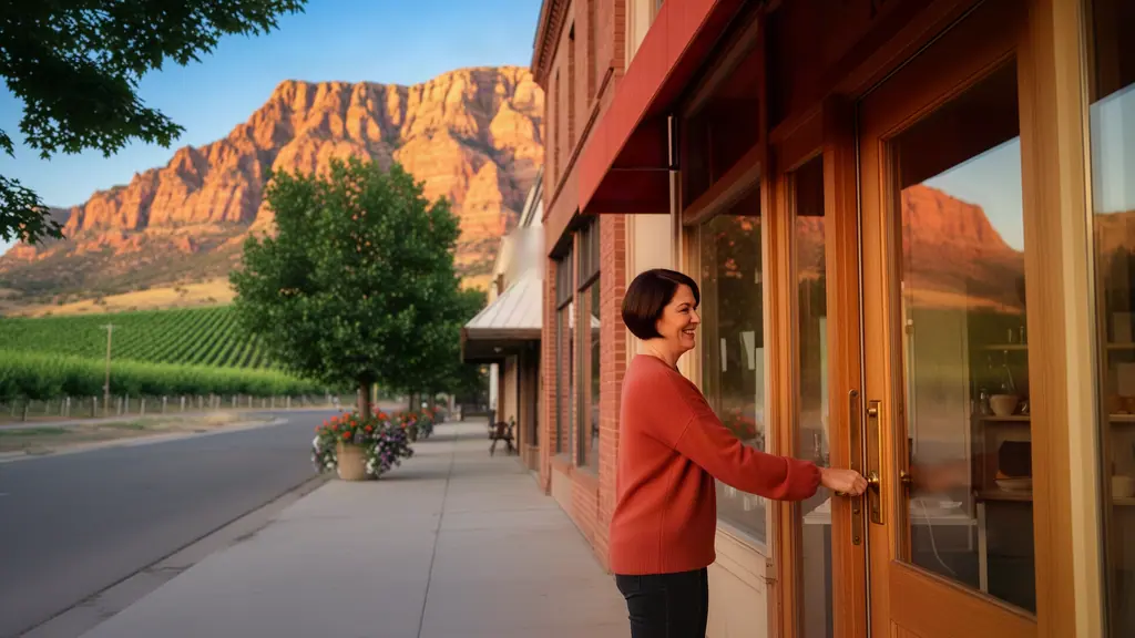 A smiling woman in a red sweater opens the door of her shop on a main street below red-rock cliffs.