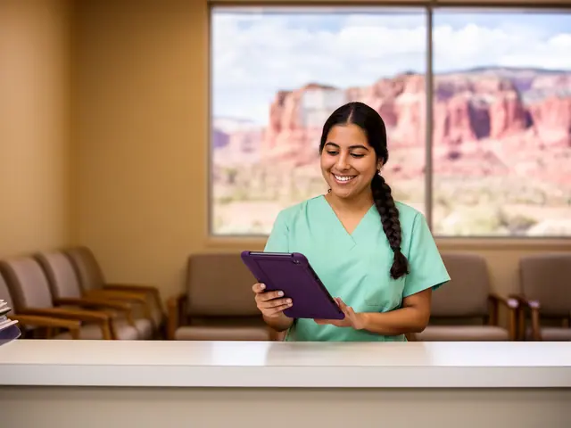 Smiling woman in mint scrubs with a long braid holding a purple tablet at a clinic front desk