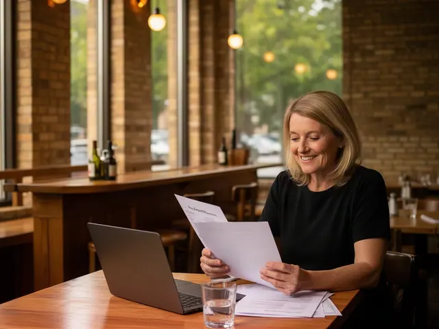 Smiling woman with shoulder-length blonde hair reading printed pages at a bistro table with a laptop