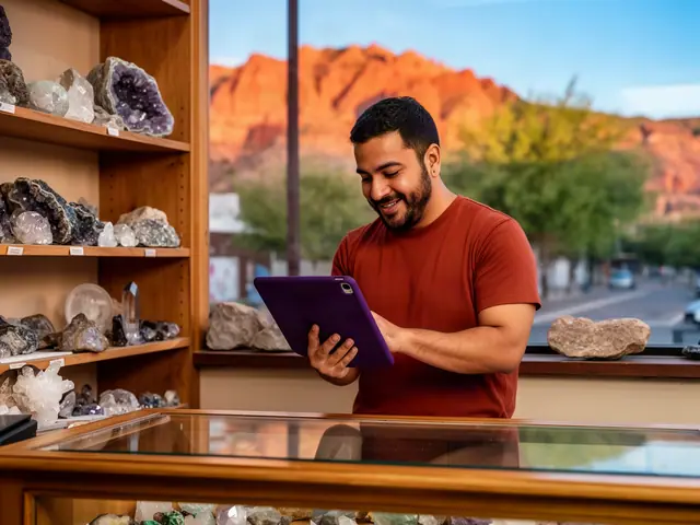 A smiling man in a red t-shirt reviews a tablet behind a glass counter in a rock and mineral shop.