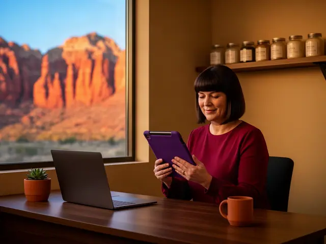 Woman in her 40s with a dark bob reviewing a purple tablet at a desk by a window with red rock cliffs