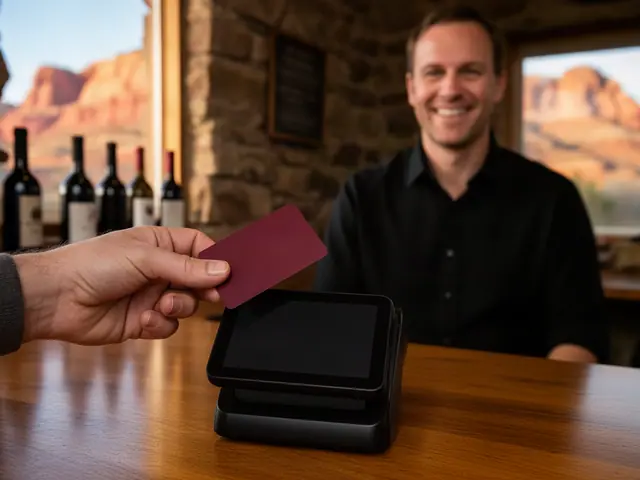 Hand holding a burgundy card over a black countertop card terminal in a tasting room with red rock views