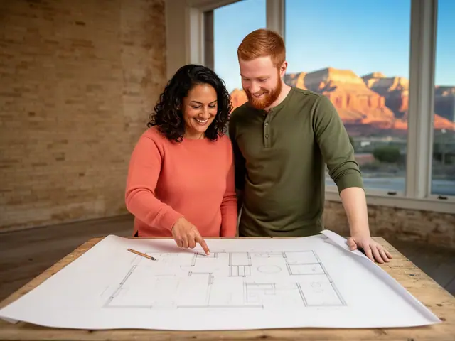 Woman in a coral sweater and red-bearded man in an olive henley reviewing a floor plan sketch at a table