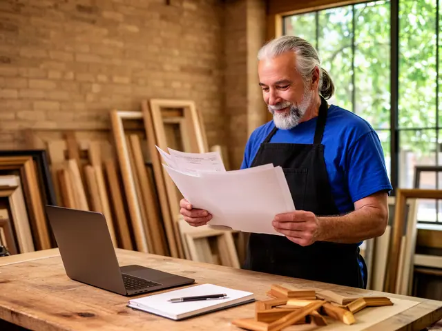 Grey-haired man in a blue t-shirt and black apron reading papers at a wooden workbench in a frame shop